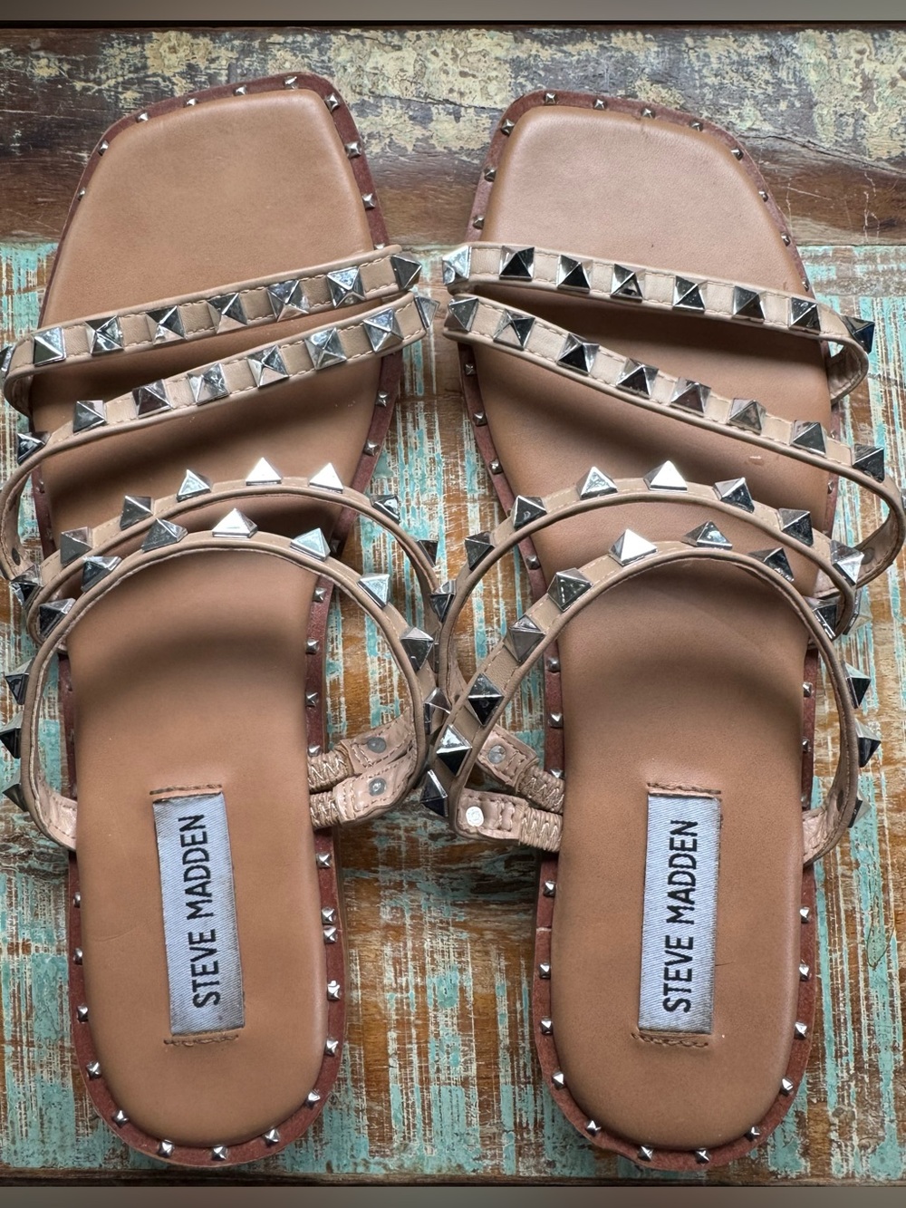 Steve Madden Skyler Studded Strappy Slide Sandals - Tan - Women’s Size 7.5